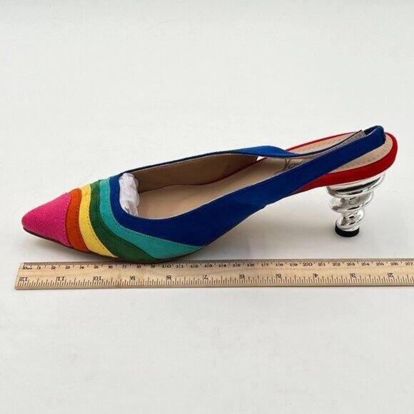 FOWT Women Rainbow Color Stripes Strange Spiral High Heel Slingback Pumps - Picture 2 of 8